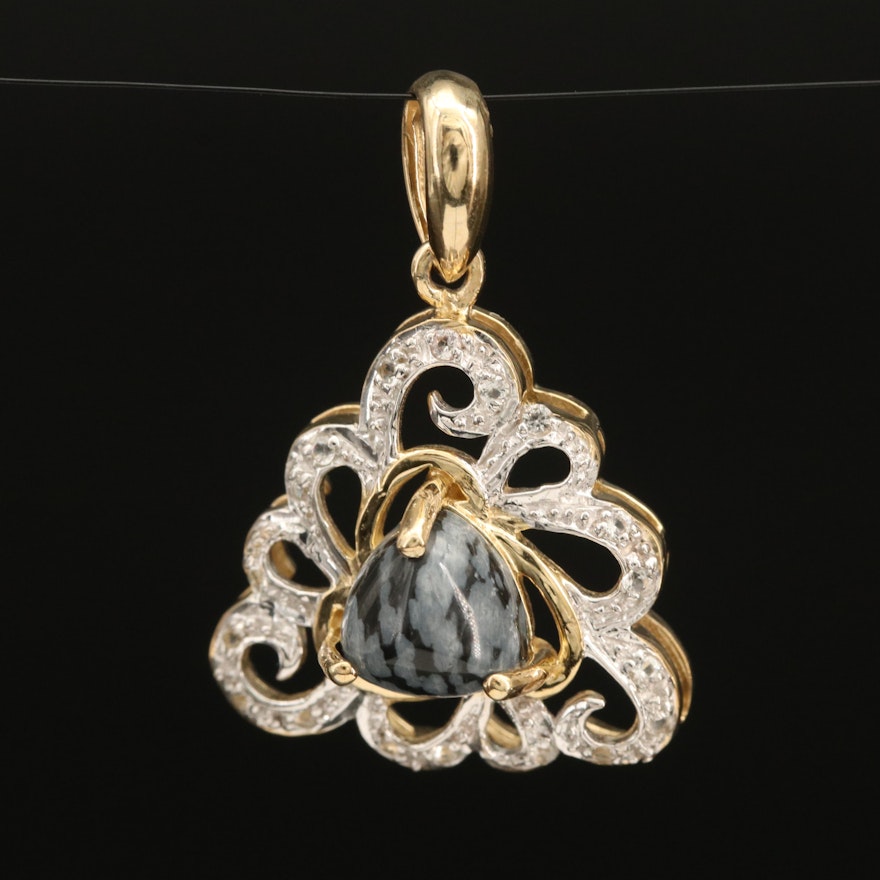 Sterling Openwork Triangular Pendant with Snowflake Obsidian, Topaz and Zircon