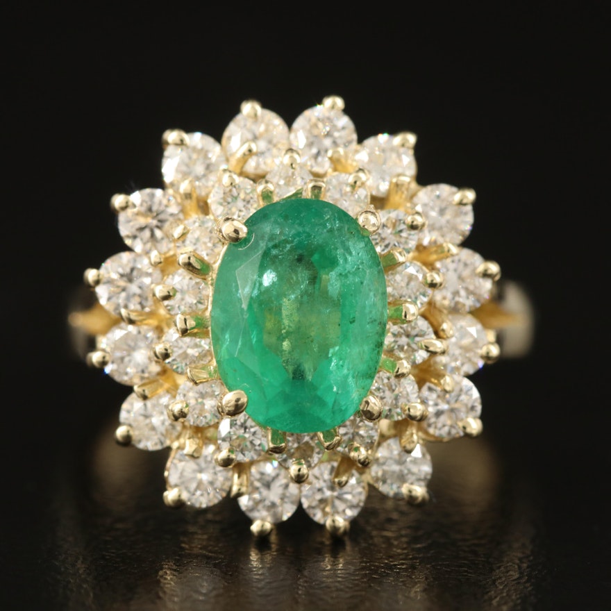 14K 2.46 CT Emerald and 1.37 CTW Diamond Double Halo Ring
