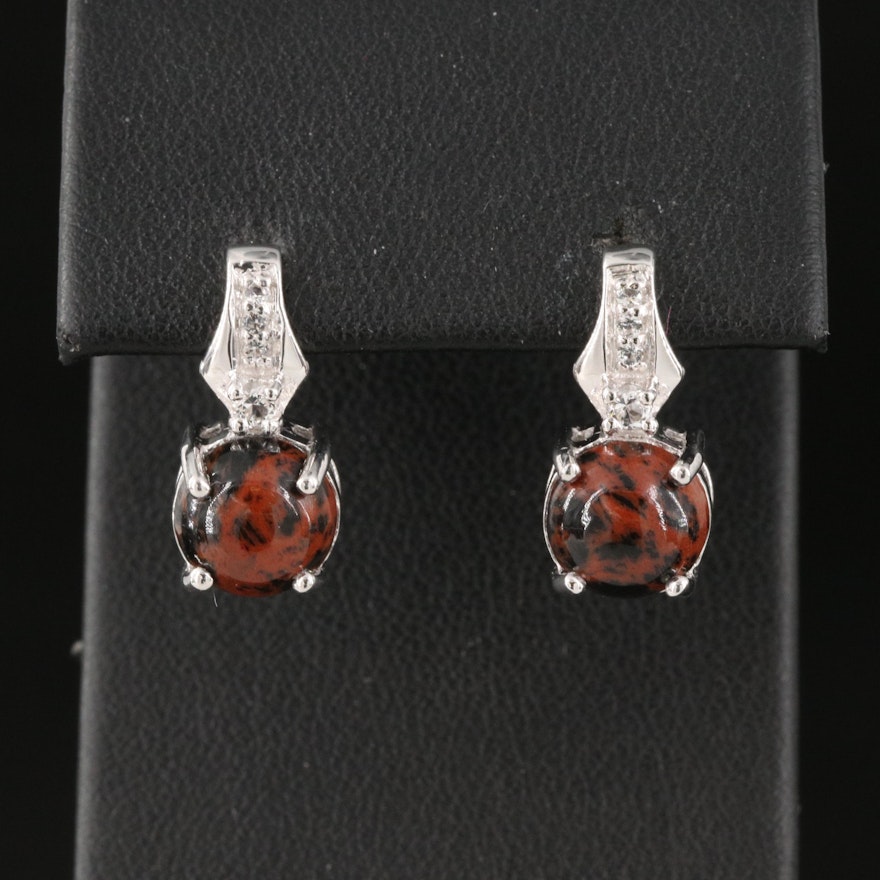 Sterling Silver Mahogany Obsidian and White Topaz Drop Earrings