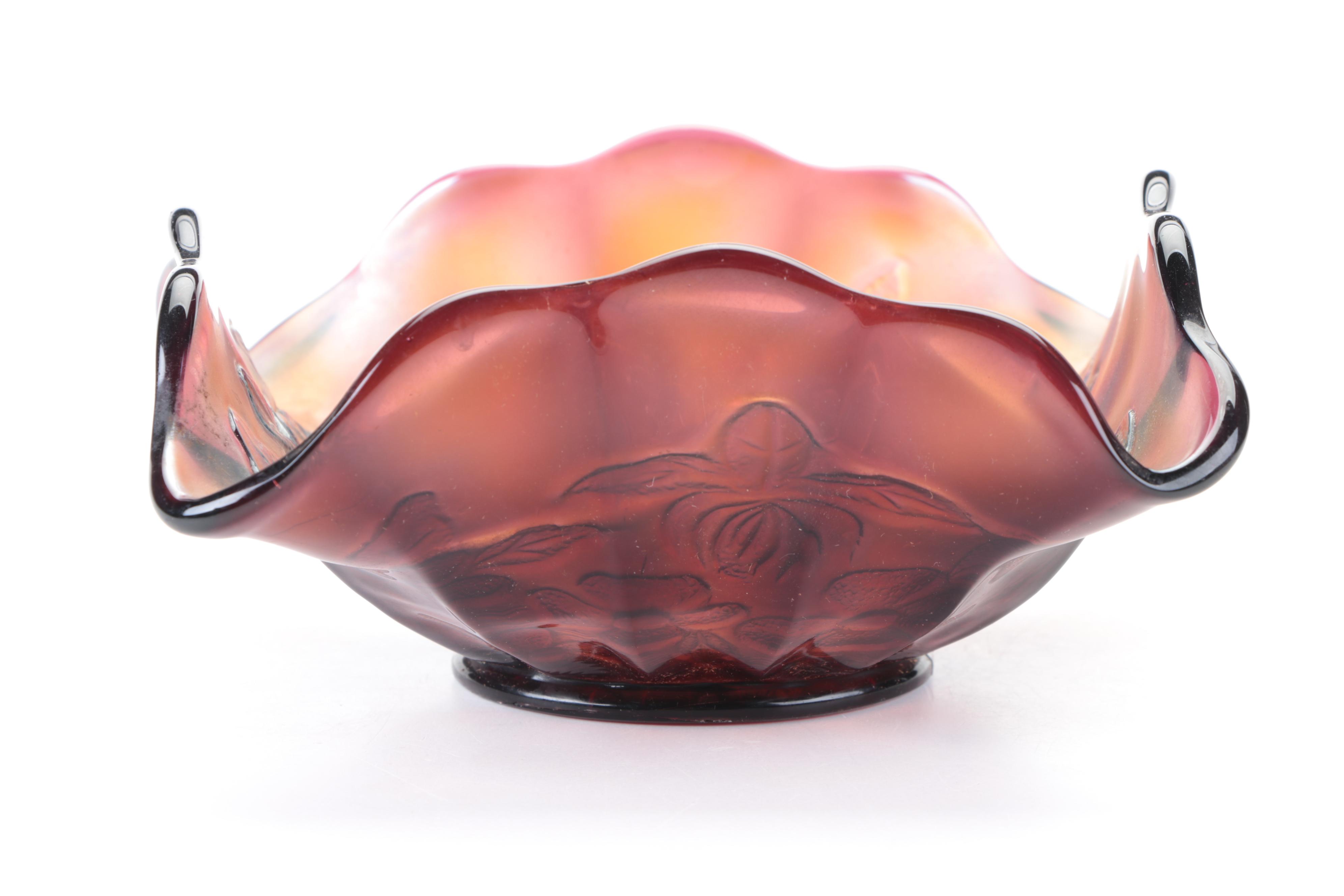 Carnival Glass Bowl with Fish Motif, Mexican Carved Wood Bookends, and