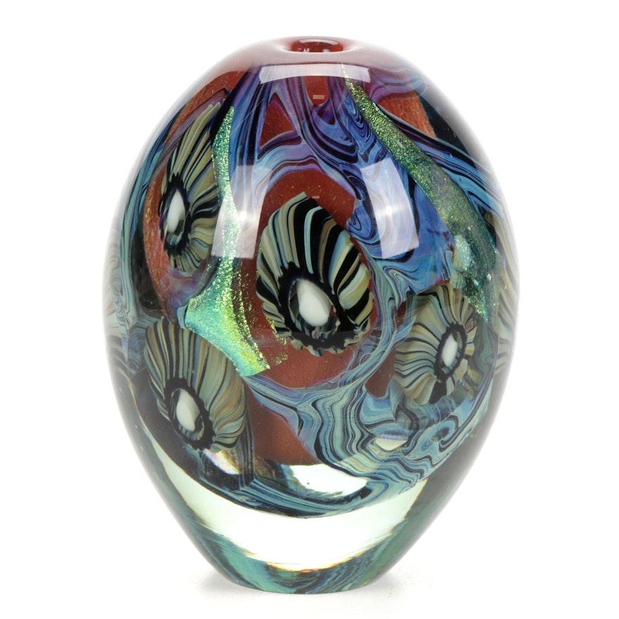 Robert Eickholt "Deep Sea" Handblown Iridescent Art Glass Bud Vase