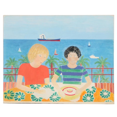 Beatriz Vidal Gouache Illustration of Couple at Table, Late 20th Century