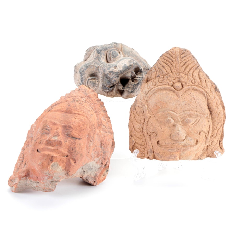 Gandharan Schist Lion Mask and Two Cambodian Terracotta Faces