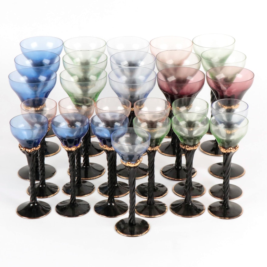 Venetian Tinted Stemware Including Wine and Cordial Glasses