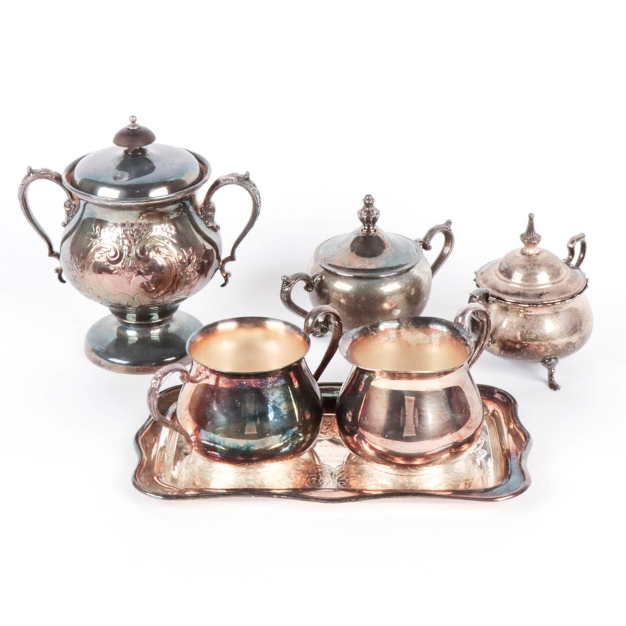Silver Plate Creamer, Sugar, Tray and Waste Bowl with Covered Creamer and Sugar
