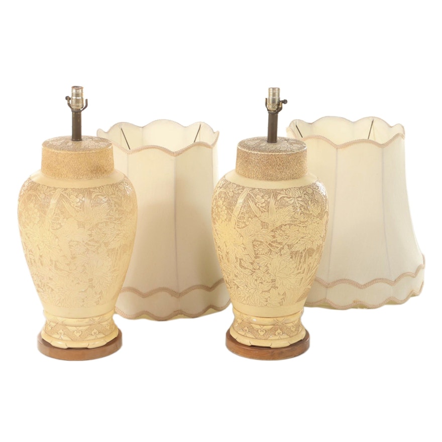 Pair of F. A. I. P. Etched Chalkware Table Lamps, Mid-20th Century