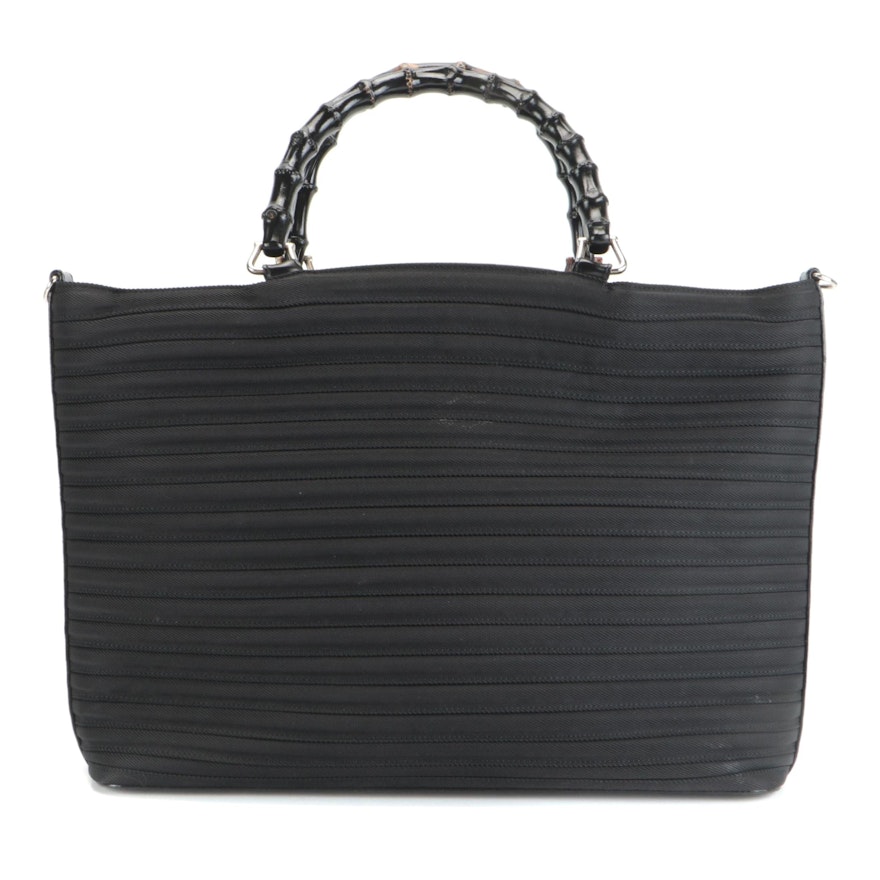 Gucci Coil Tote in Black Nylon with Glazed Leather Trim and Bamboo Handles