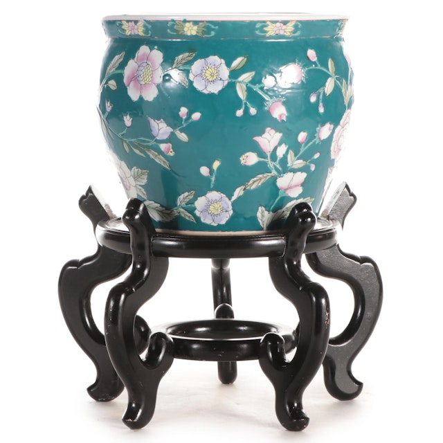 Chinese Hand-Painted Ceramic Fish Bowl Planter with Stand | Barnebys