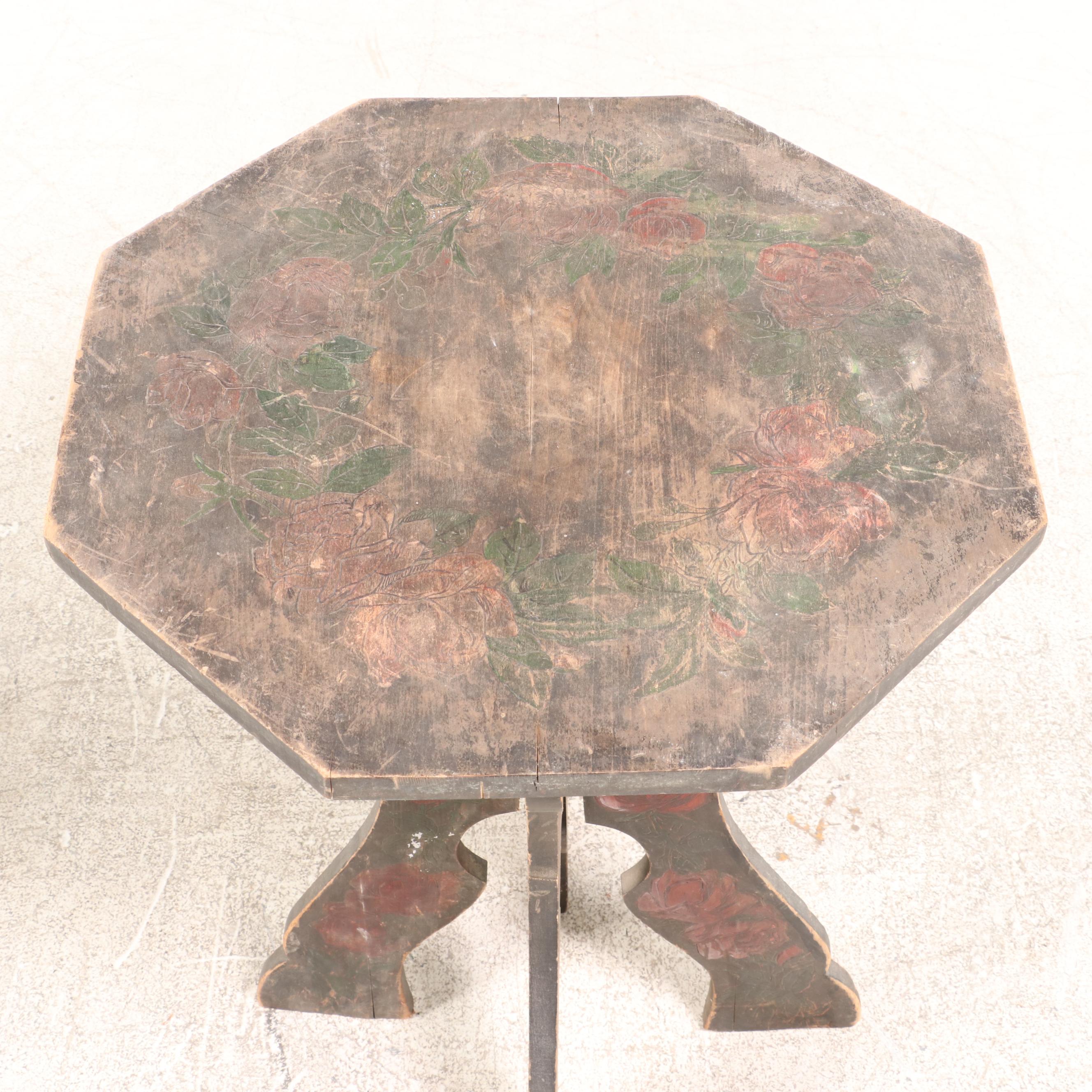 Pyrography Rose Motif Wood Octagonal Side Table, Early 20th Century | EBTH