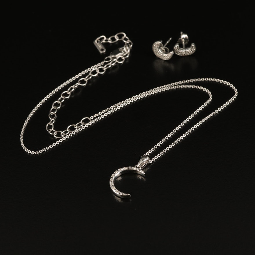 Sterling Diamond Crescent Moon and Stud Earrings