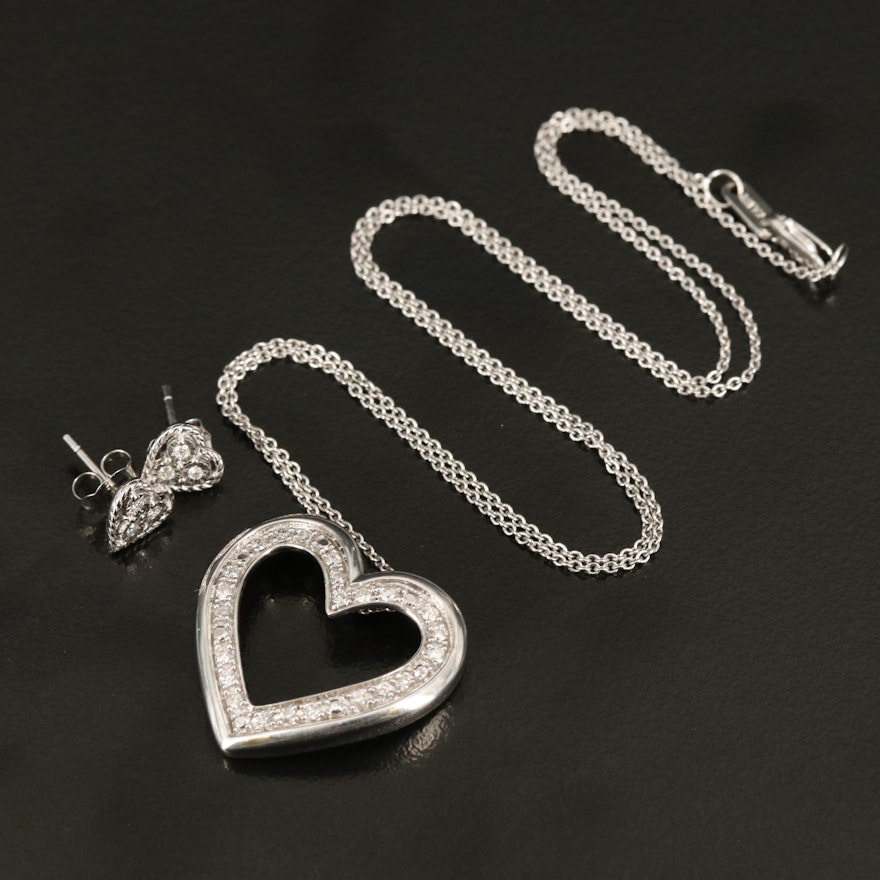 Sterling Diamond Heart Pendant Necklace and Earrings
