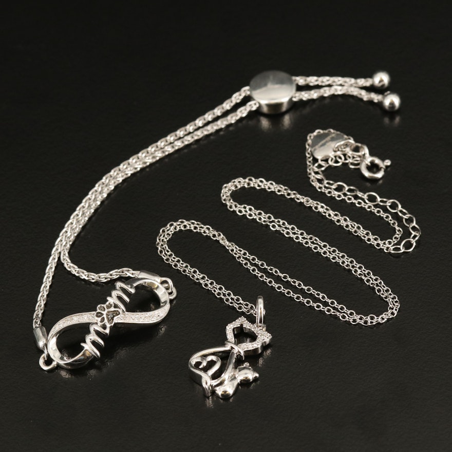 Sterling Cat Necklace and "Pet Mom" Bracelet with Diamond and Cubic Zirconia