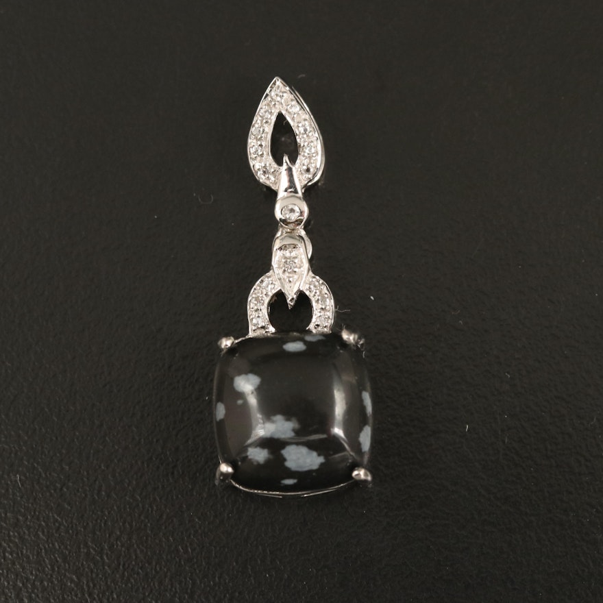 Sterling Silver Snowflake Obsidian and White Topaz Drop Pendant
