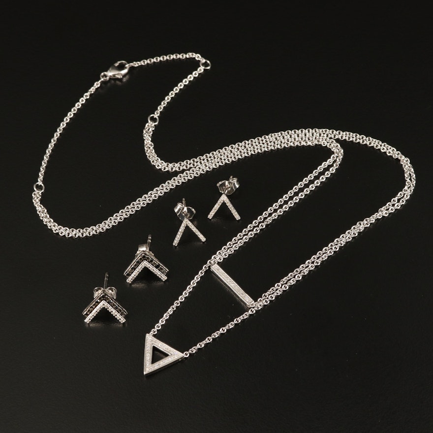 Sterling Diamond Geometric Necklace and Earrings