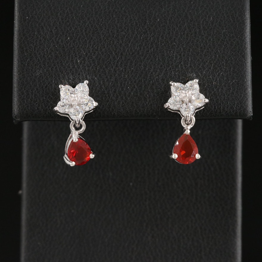 Sterling Silver Zircon and Fire Opal Drop Earrings