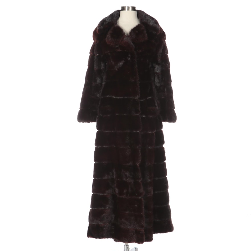 Horizontal Mink Fur Full-Length Coat in Dark Mahogany with Removable Hem
