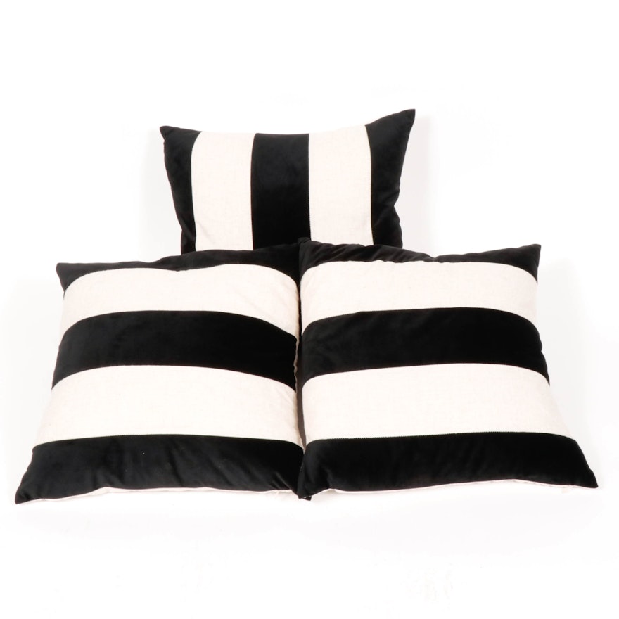 Set of Black Velveteen and White Linen Throw Pillows
