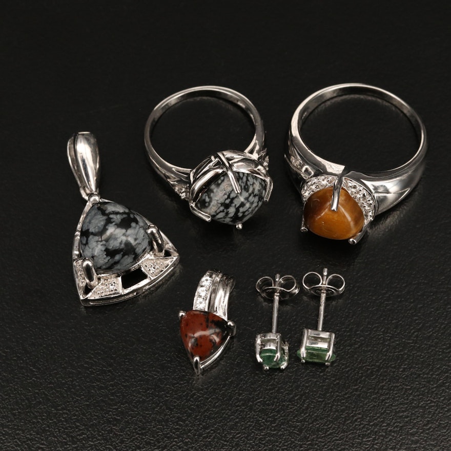 Sterling Silver Gemstone Jewelry Including Tiger's Eye, Obsidian and More