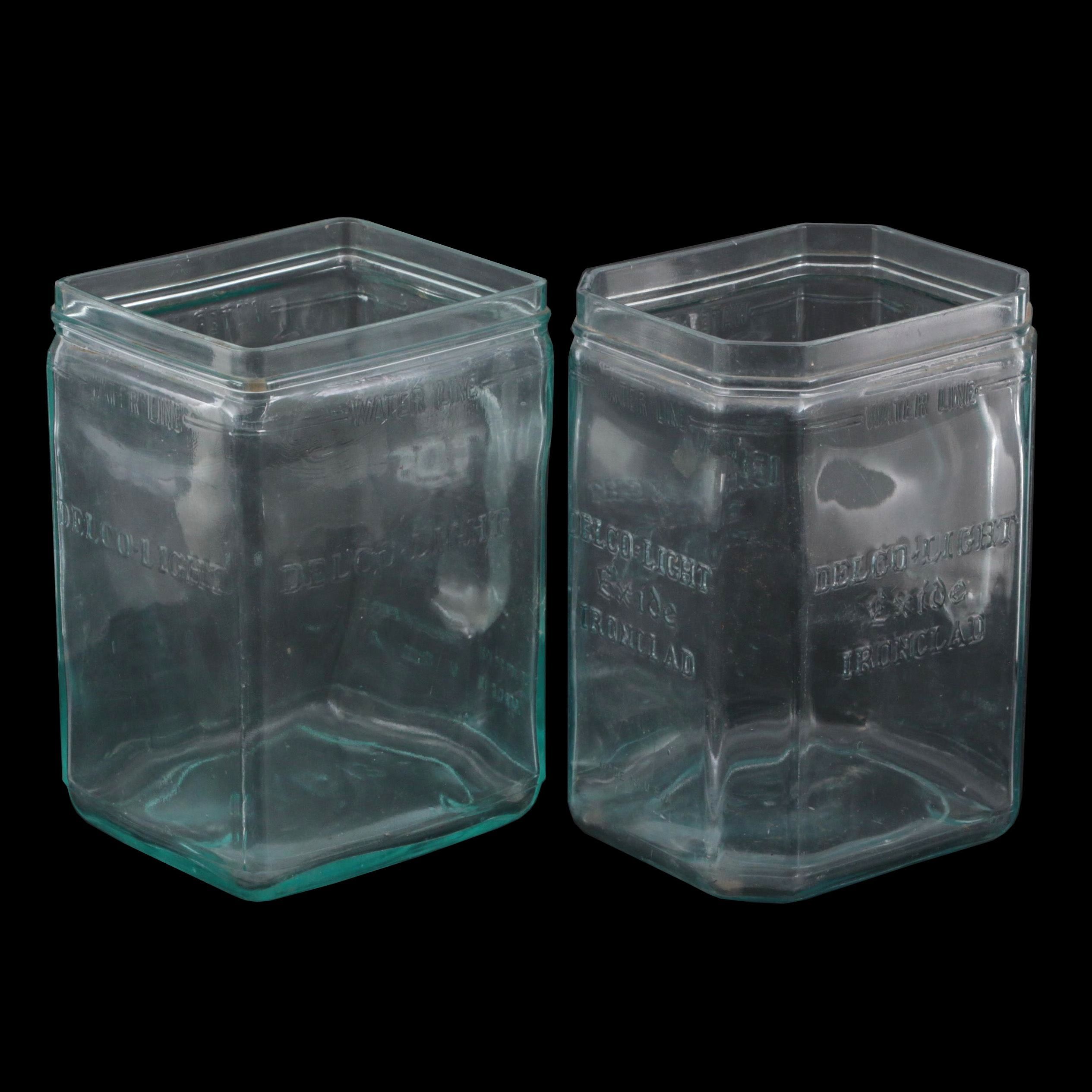 DelcoLight Exide Ironclad Aqua Glass Battery Jars, Early/Mid 20th