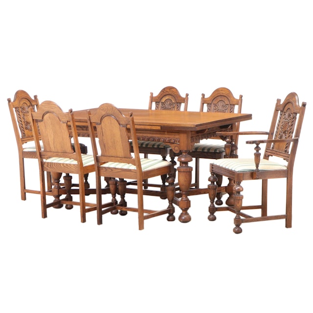 Basic Furniture Co. SevenPiece Jacobean Style Oak Dining Set, circa