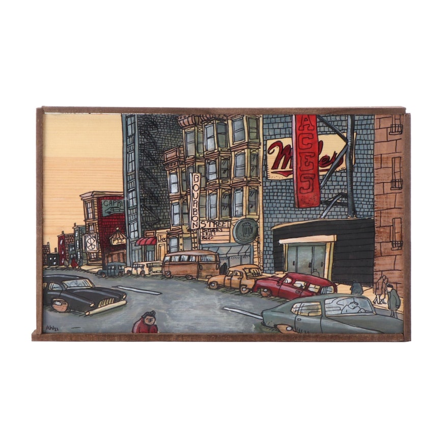 Aaron Wooten Ink and Acrylic Painting "Bourbon Street," 2020