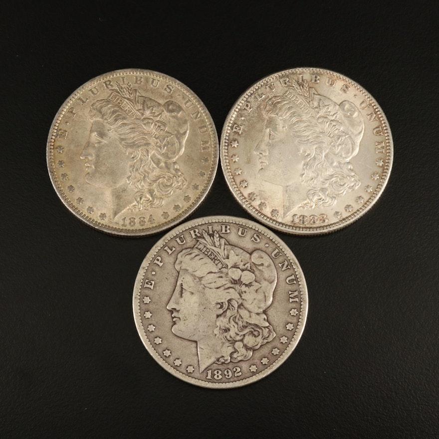 Three Morgan Silver Dollars, Including 1892-CC