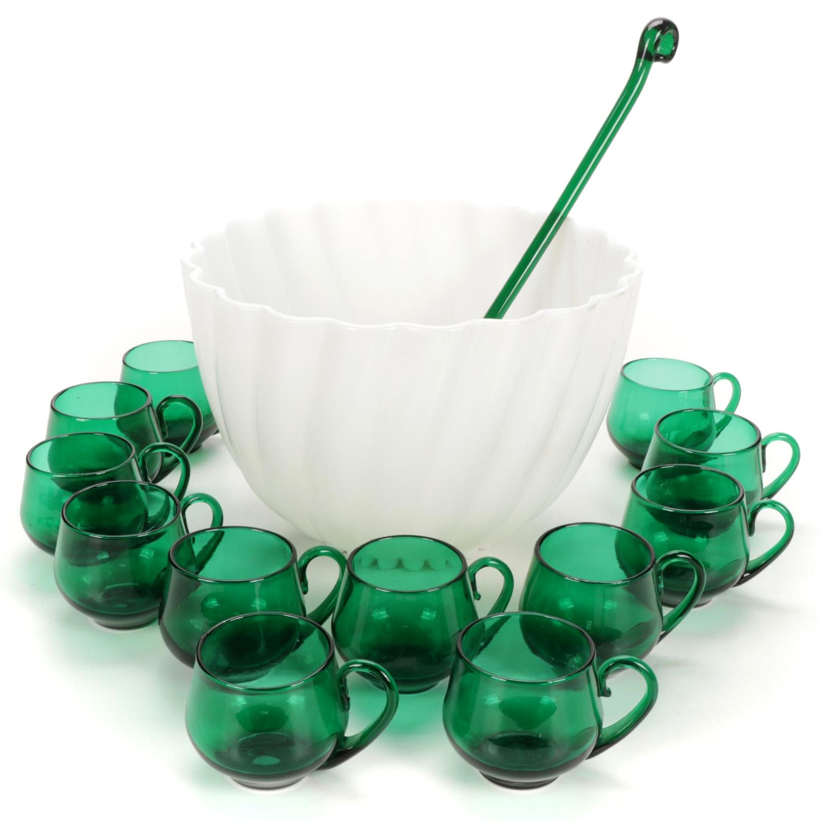 HazelAtlas Milk Glass Punch Bowl and Blenko Style Cups and Ladle EBTH