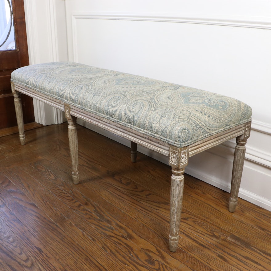 Restoration Hardware Wooden Bench with Linen Upholstery
