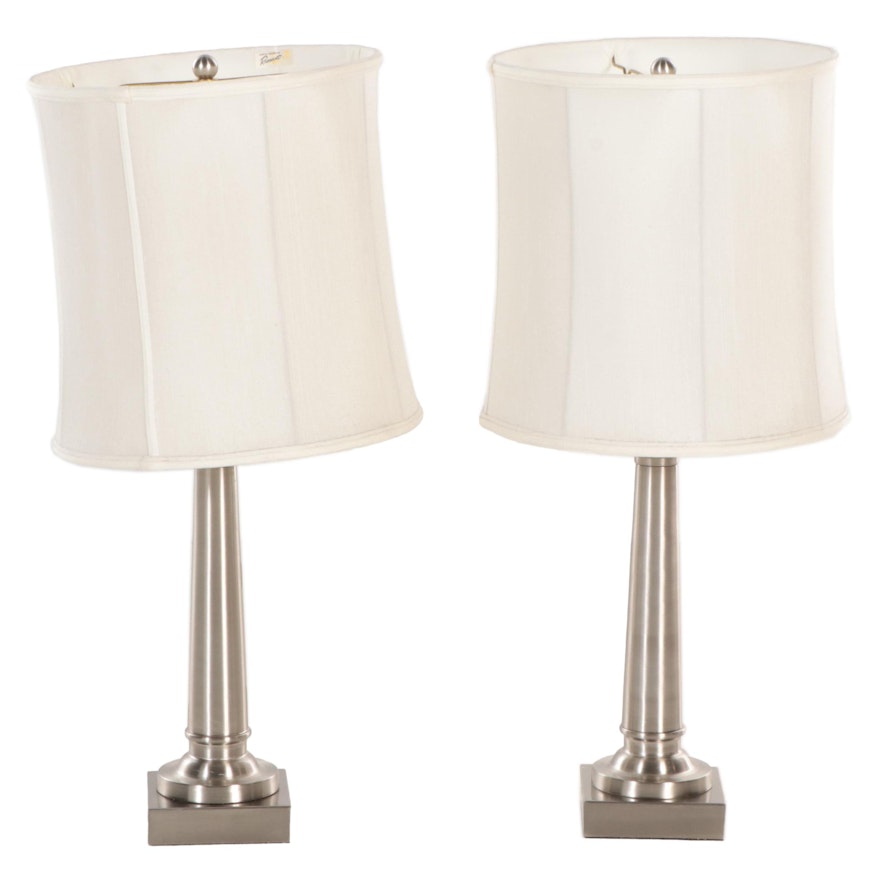 Pair of Brushed Silver Metal Column Table Lamps, Contemporary