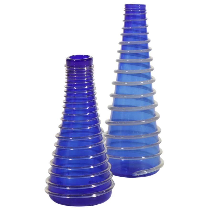 James Kennedy Blown Cobalt Blue with Applied Clear Spiral Coil Art Glass Vases