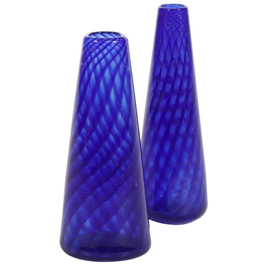James Kennedy Blown Cobalt Blue Swirl Art Glass Vases