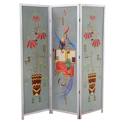 Mid Century Modern Silver-Gilt and Paint-Decorated Three-Panel Folding Screen