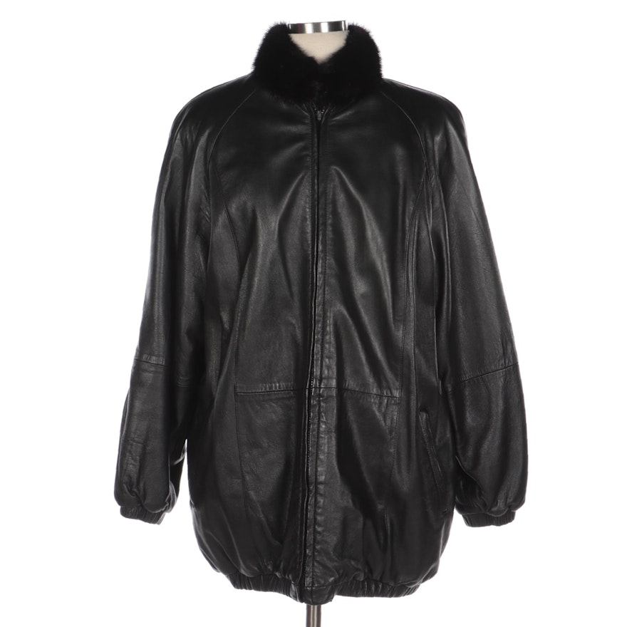 Reversible Mink Fur and Black Leather Raglan Sleeve Jacket