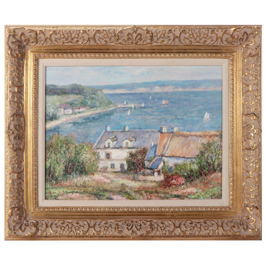 John Clymer Coastal Townscape Oil Painting, Mid-Late 20th Century
