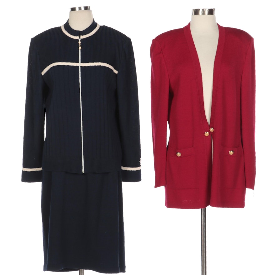 St. John Red Knit Long Cardigan, Navy Knit Zip-Front Jacket and Navy Knit Skirt