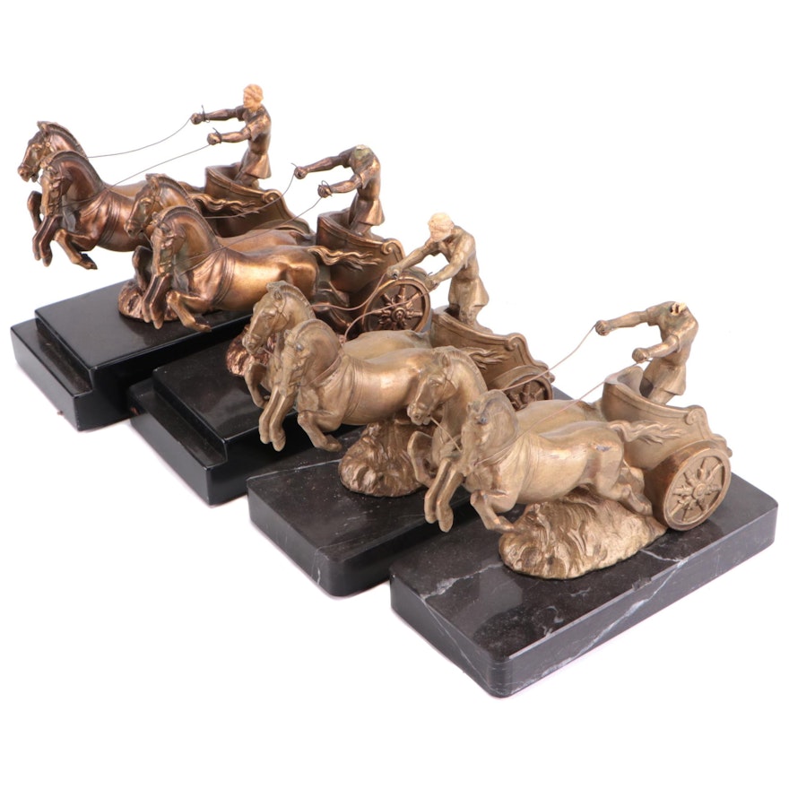 Two Pairs of Cast Metal Charioteers and Horses Bookends