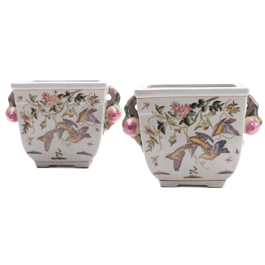 Pair of Chinese Ceramic with Pomegranate Handles Planters