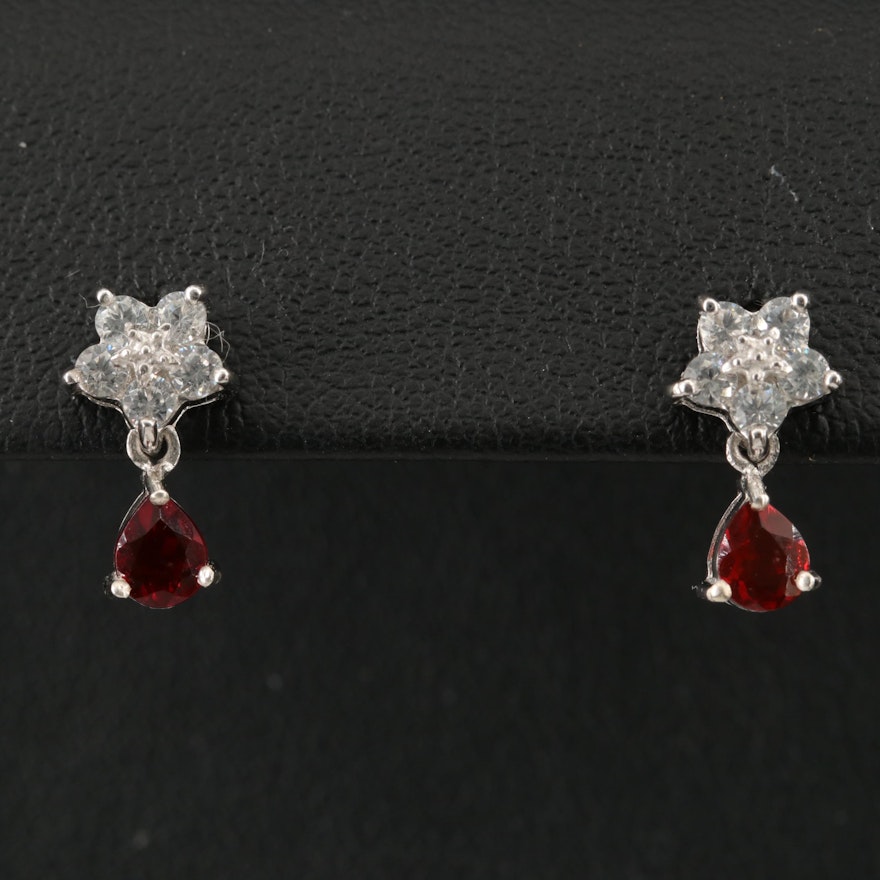 Sterling Fire Opal and White Zircon Drop Earrings