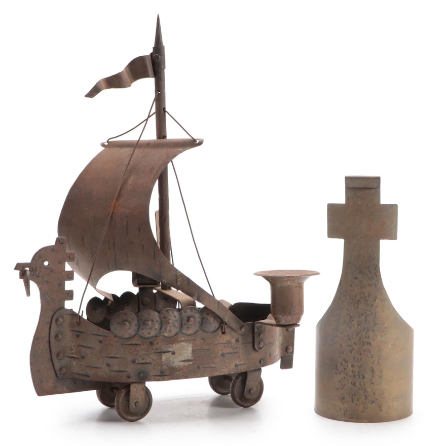 Hugo Goberg Viking Ship Ashtray and Candle Holder with Metal Cross Taper Holder