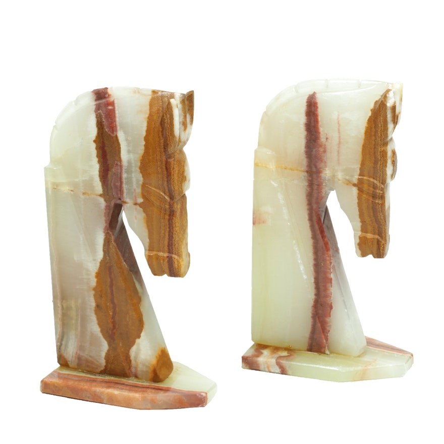 Carved Banded Calcite Horse Head Bookends, Mid to Late 20th Century