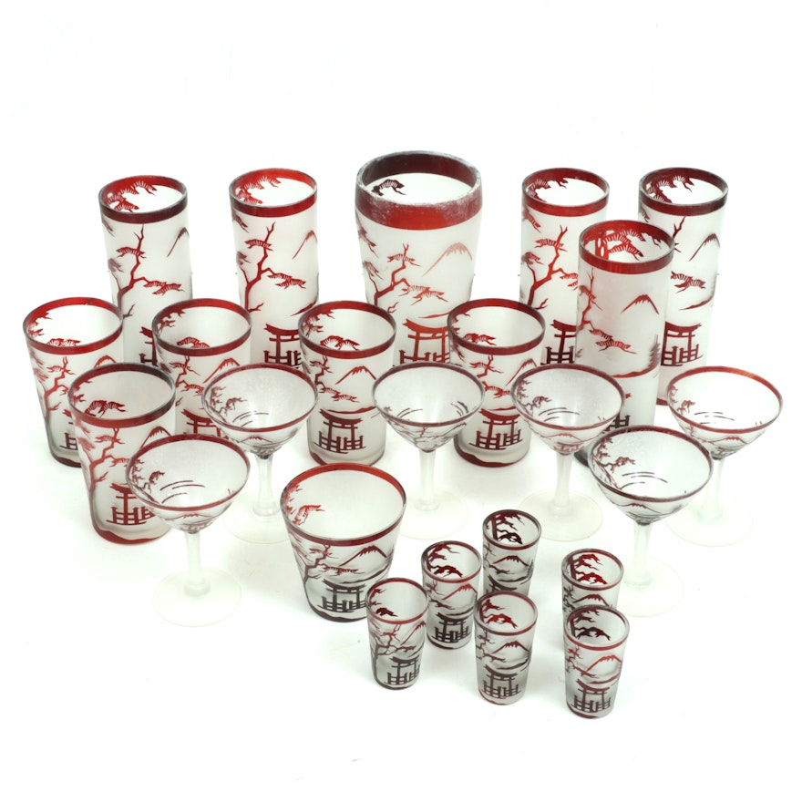 Mid Century Modern Frosted and Ruby Etched Glass Barware with Japanese Landscape