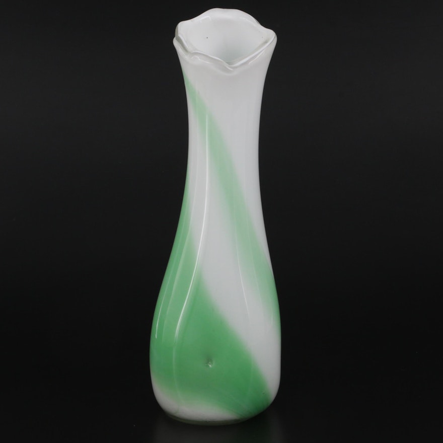 White with Green Swirled Cased Glass Vase, Mid-20th Century