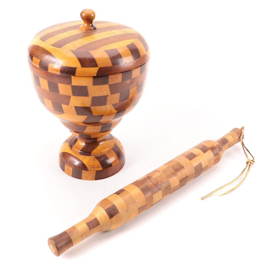 Turned Segmented Wood Lidded Compote with Segmented Wooden Rolling Pin