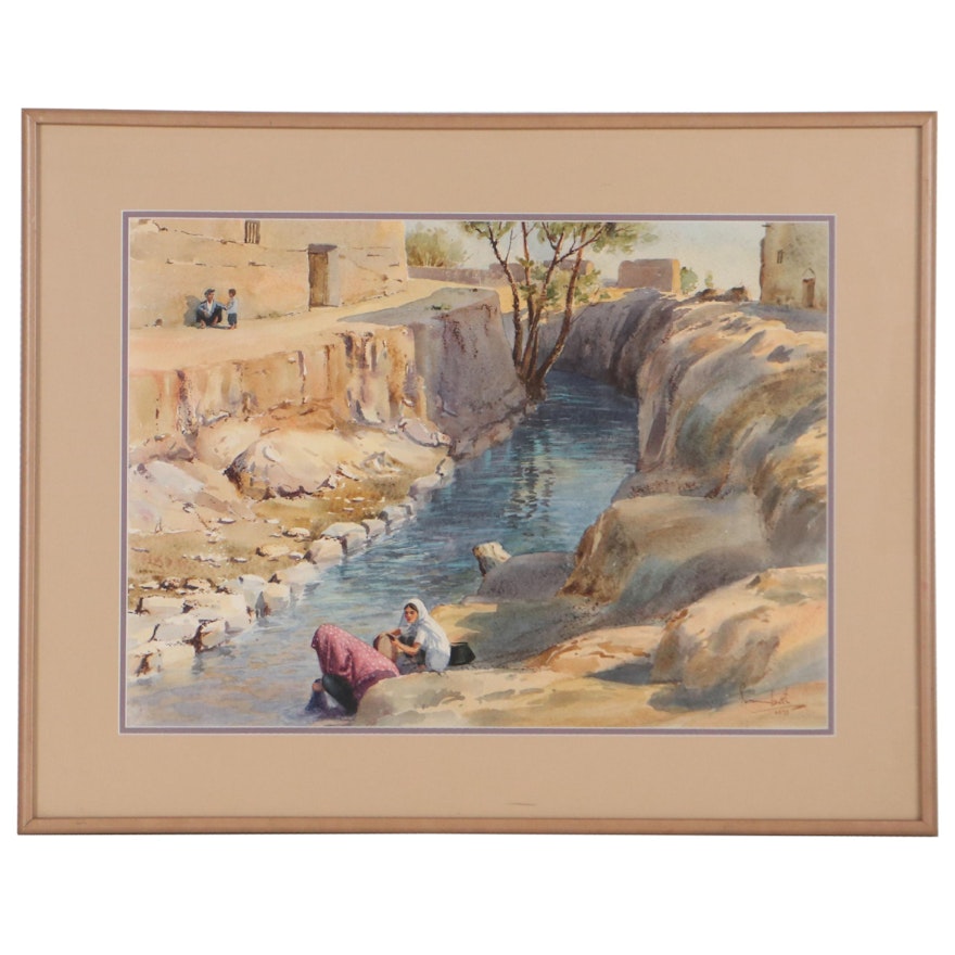 Sumbat Der Kiureghian Middle Eastern Landscape Watercolor Painting, 1975