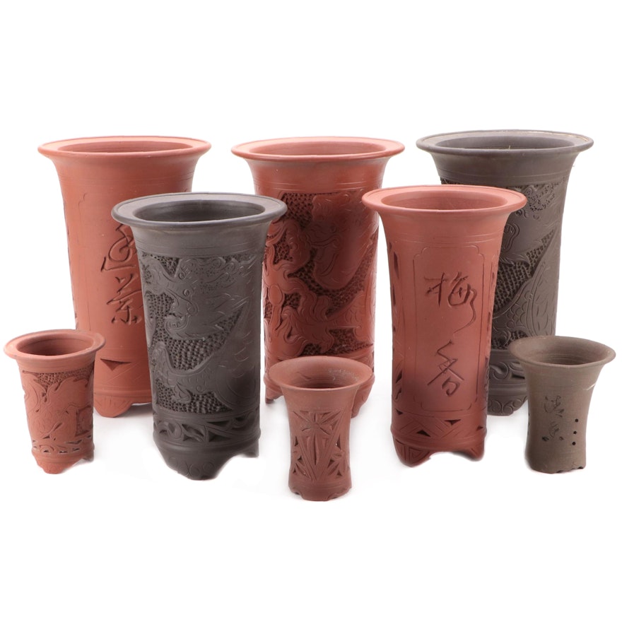 Chinese Yixing and Purple Clay Etched Orchid Pots