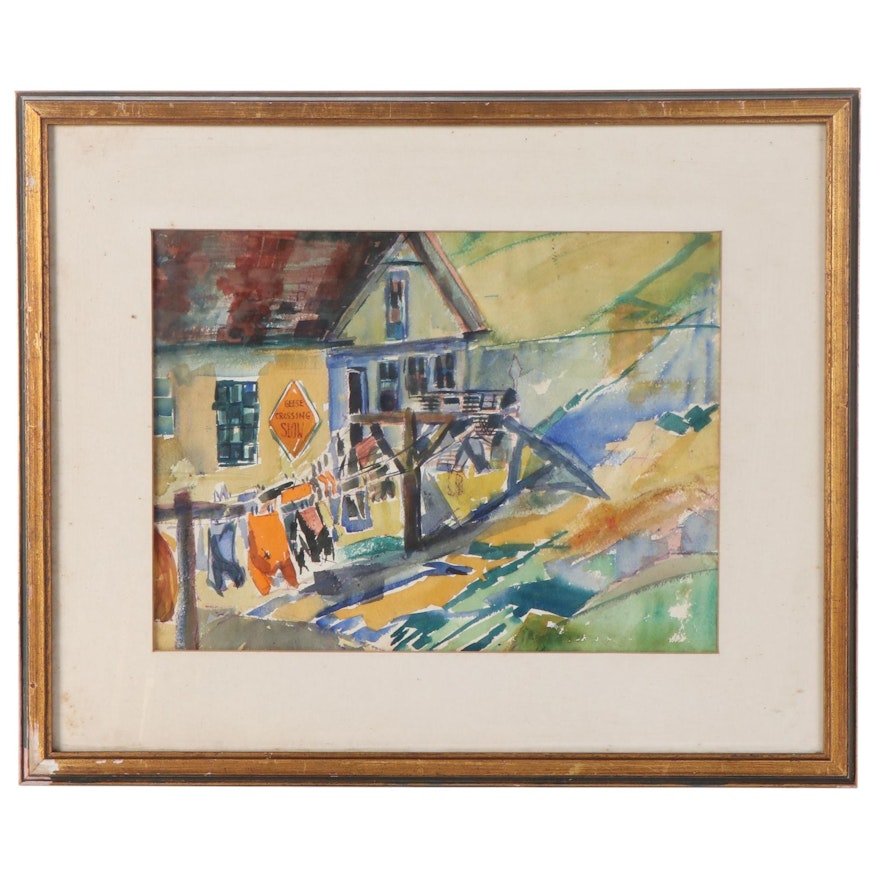 Abstracted Watercolor Painting of Rural Home