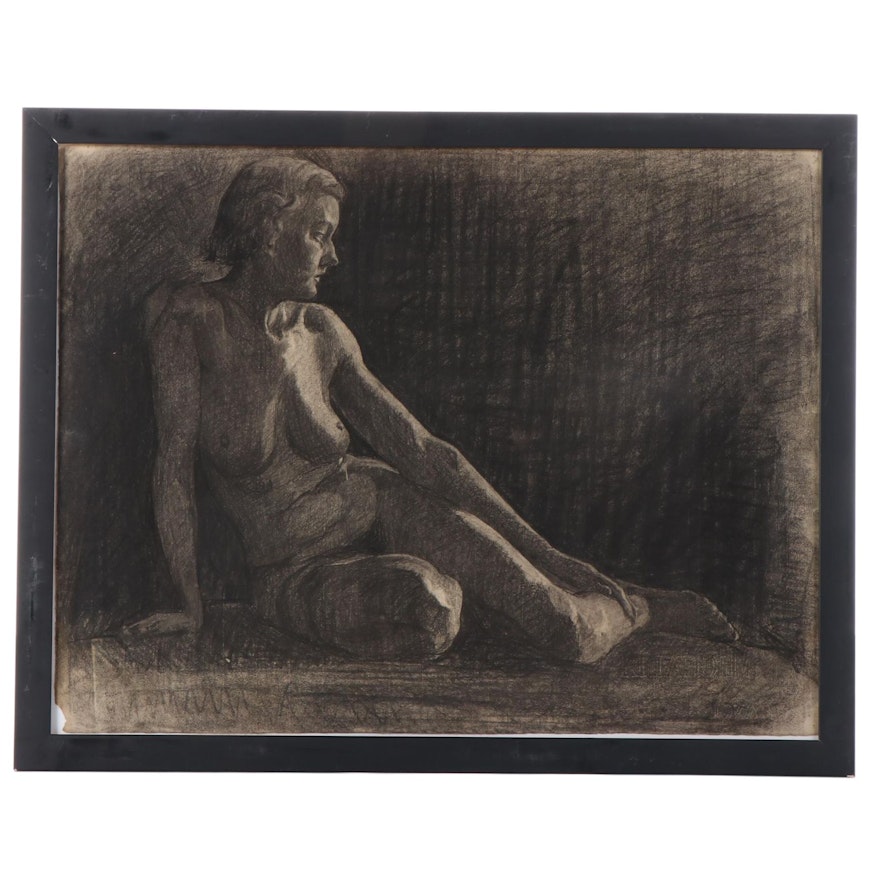 Figurative Charcoal Drawing of Seated Female Nude