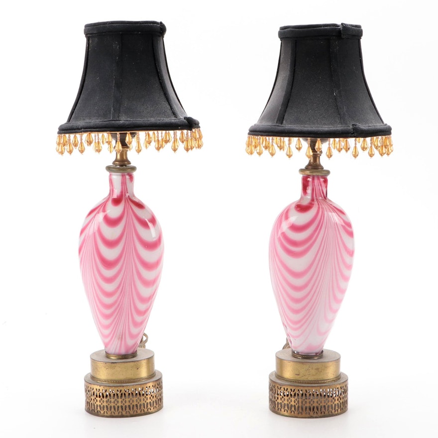 Feather Pulled Pink Glass Boudoir Lamps, Mid-20th Century