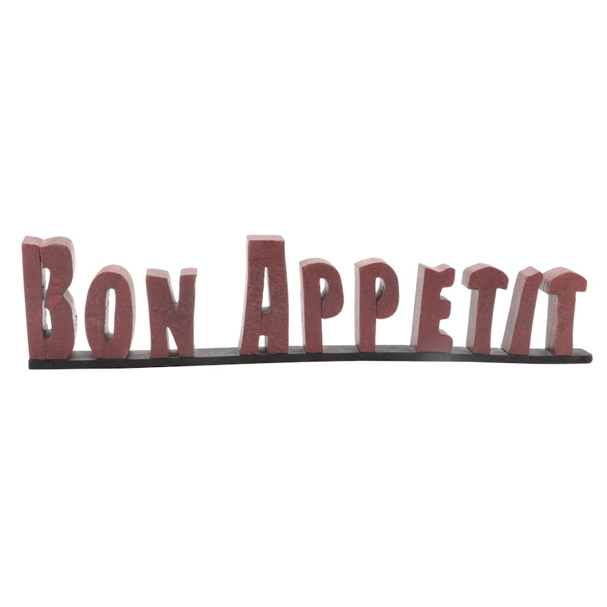 Red Crackle Painted "Bon Appetit" Wood Standing Sign