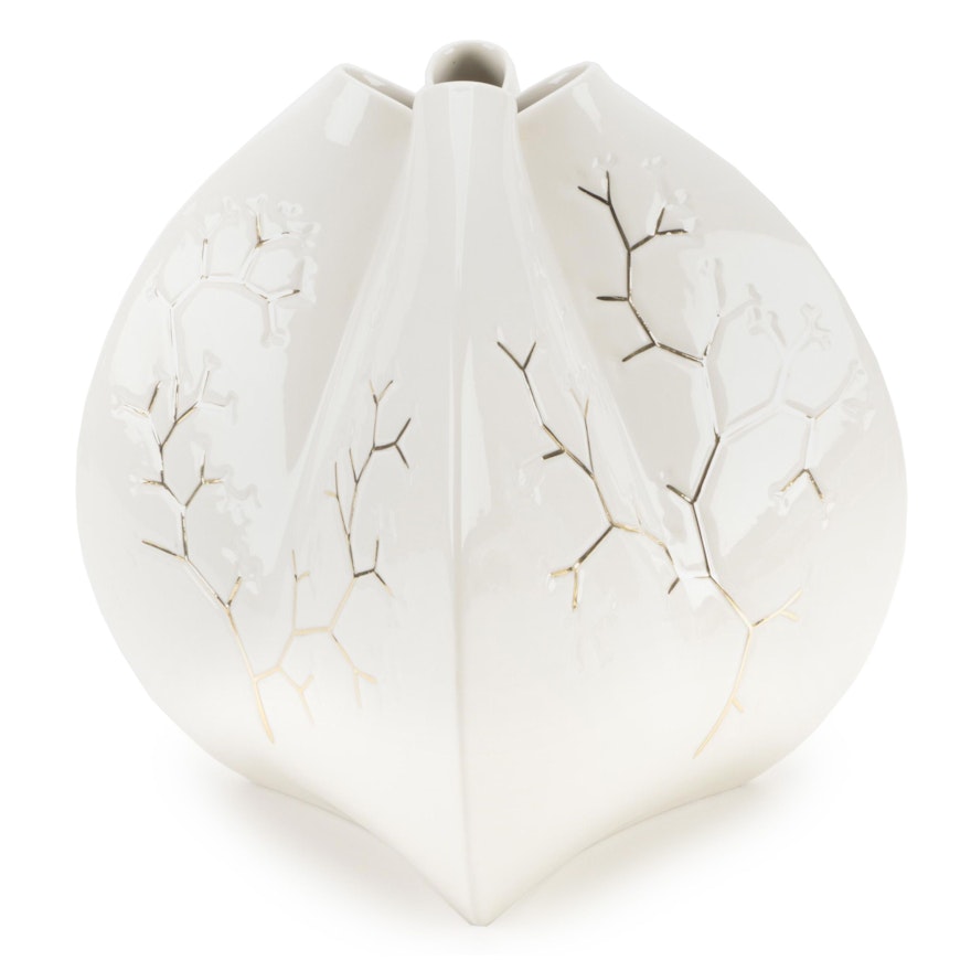 Agostinelli Italian Hand-Painted Gilt Accented Ceramic Vase
